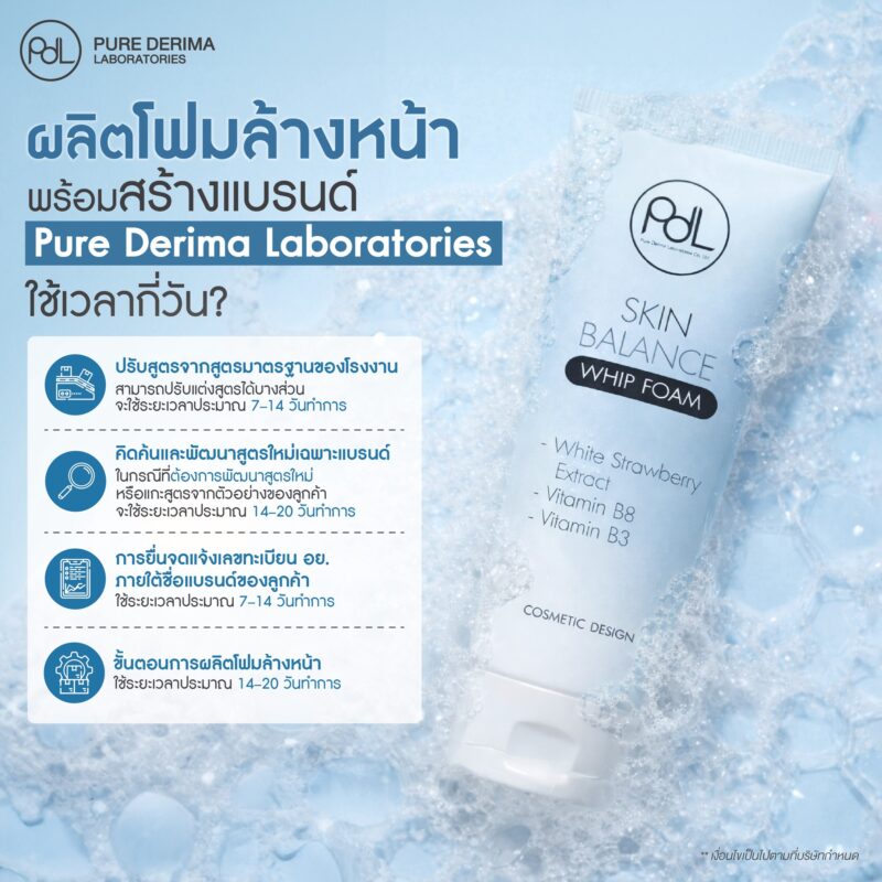 โรงงานผลิตโฟมล้างหน้าพร้อมสร้างแบรนด์ อยากมีแบรนด์ของตัวเองไม่ใช่เรื่องยาก 3 โรงงานผลิตโฟมล้างหน้าพร้อมสร้างแบรนด์ Pure Derima Laboratories ใช้ระยะเวลาผลิตนานเท่าไหร่