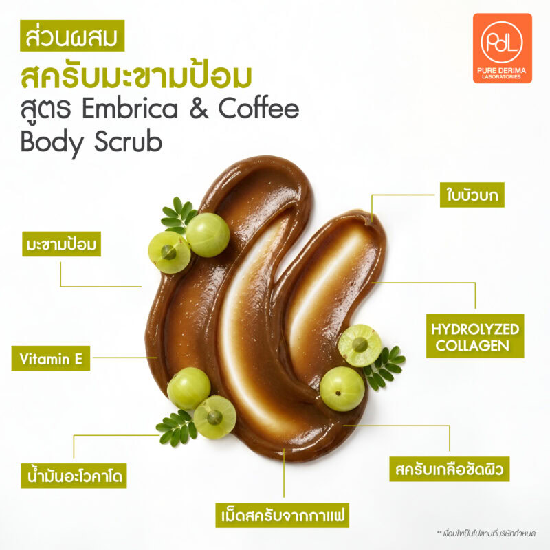 รับผลิตสครับมะขามป้อม คุณภาพสูงเนื้อสัมผัสพรีเมียม พร้อมจำหน่าย 3 ส่วนผสมที่โดดเด่นในสครับมะขามป้อมสูตร Embrica & Coffee Body Scrub