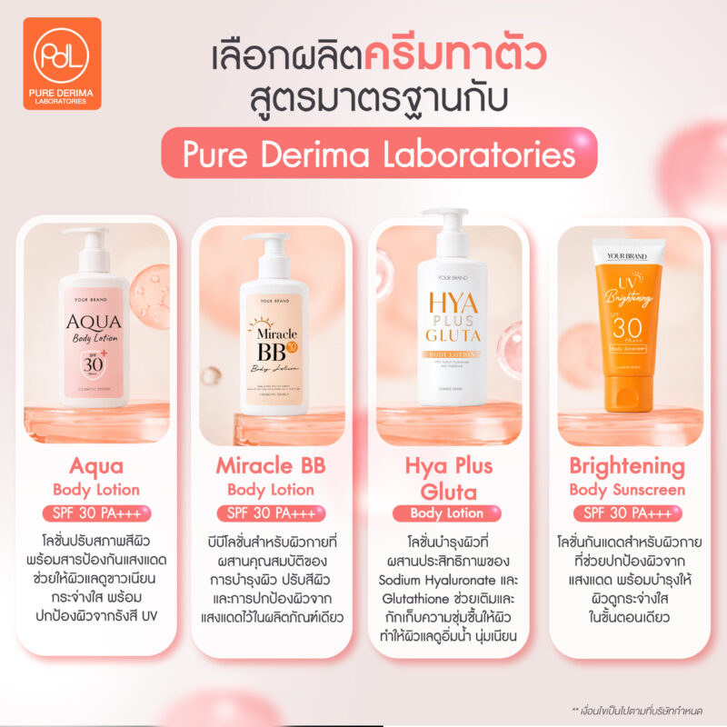 รับผลิตครีมทาตัว OEM/ODM ขั้นต่ำน้อย ครบวงจร 4 เลือกผลิตครีมทาตัวสูตรมาตรฐานยอดนิยม กับ Pure Derima Laboratories